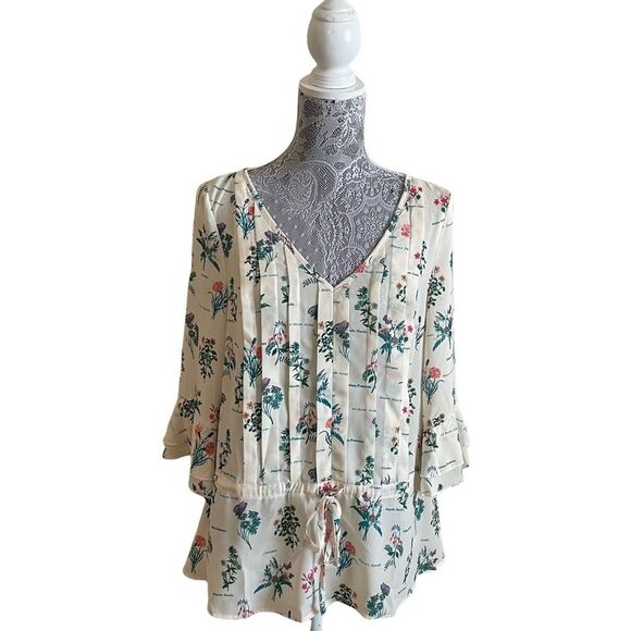 MODCLOTH Botanical Floral Bell Sleeve Tunic Peplum Top Size Medium - Picture 1 of 9